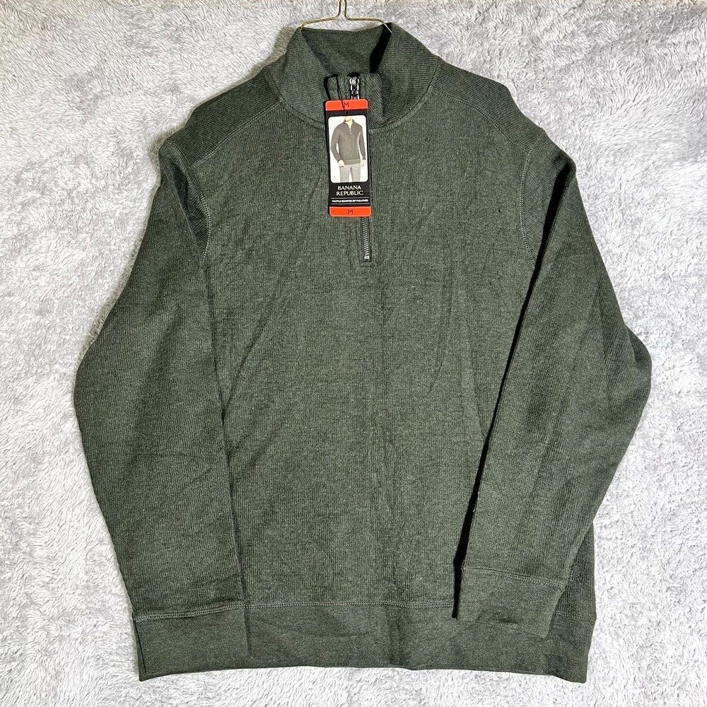 Banana Republic Sweater Mens Medium Green Waffle Knit Cotton 1/4 Zip Mock‎ Neck